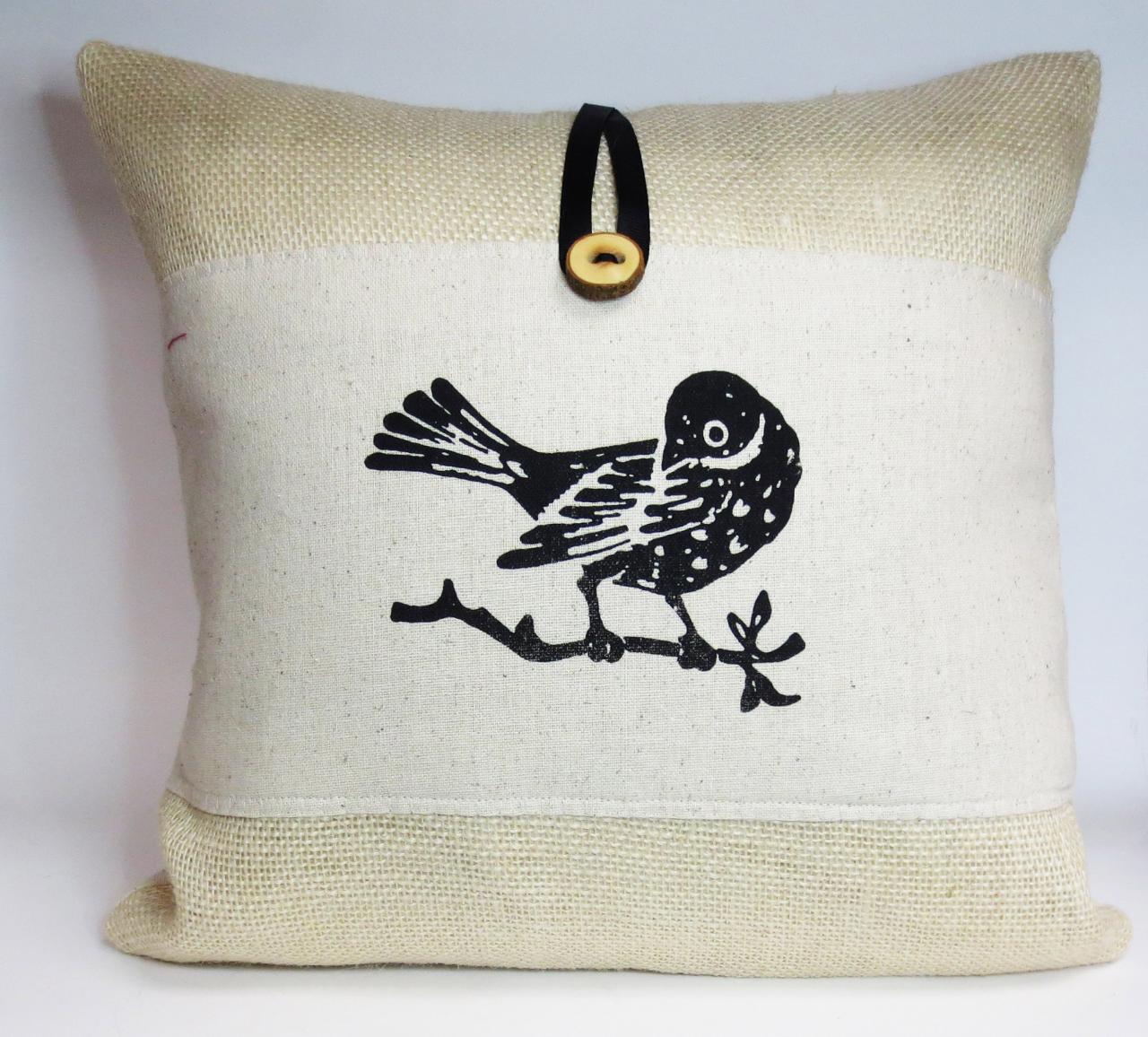 Decorative Burlap Throw Pillow Cushion Cover With Screen Print Black Bird on Luulla